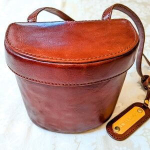 Jones NY Leather Crossbody Bag Brown Cognac Camera Binocular Style Travel Purse